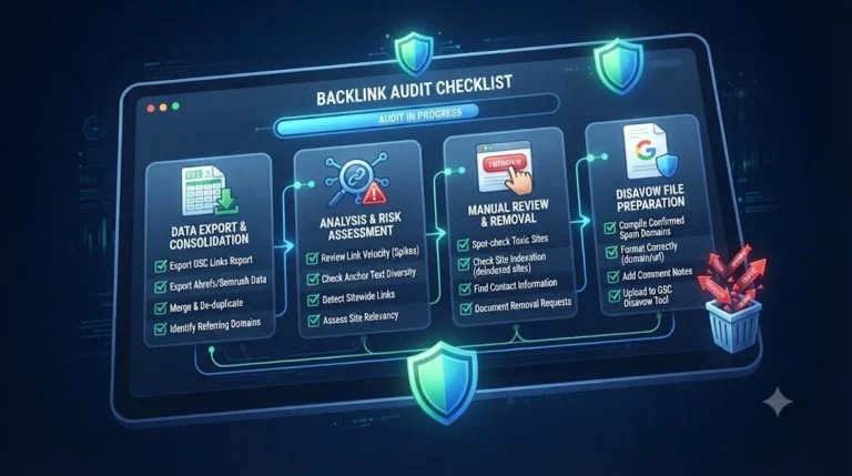 Step-by-step backlink audit checklist infographic showing data export, risk assessment, manual review, and disavow file preparation.