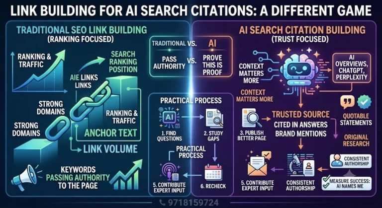 Infographic comparing traditional SEO link building vs AI search citation building for Google AI Overviews and ChatGPT