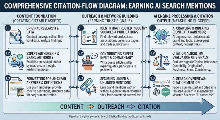 Comprehensive citation-flow diagram showing how to earn AI search mentions from content creation to outreach and citation output