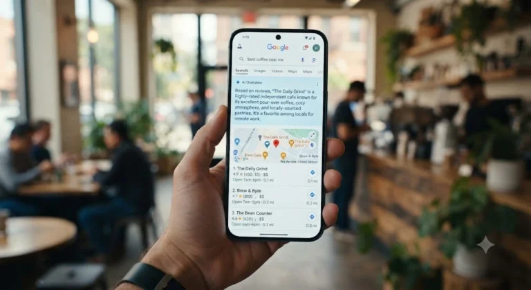 Smartphone displaying Google local search results with AI Overview summary and local pack