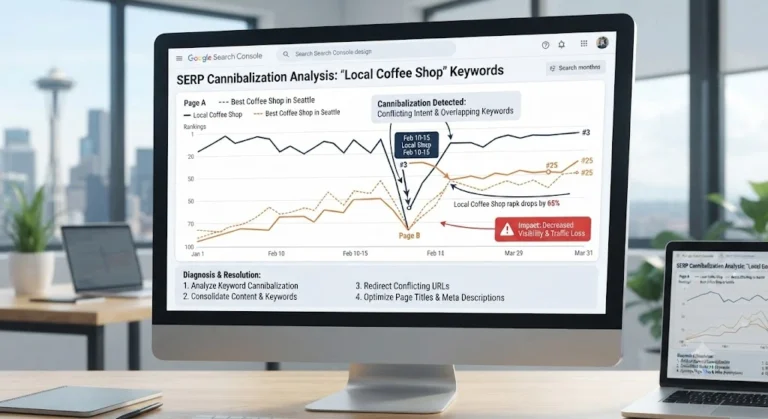 SERP cannibalization analysis graph showing keyword ranking drop and diagnosis on Google Search Console
