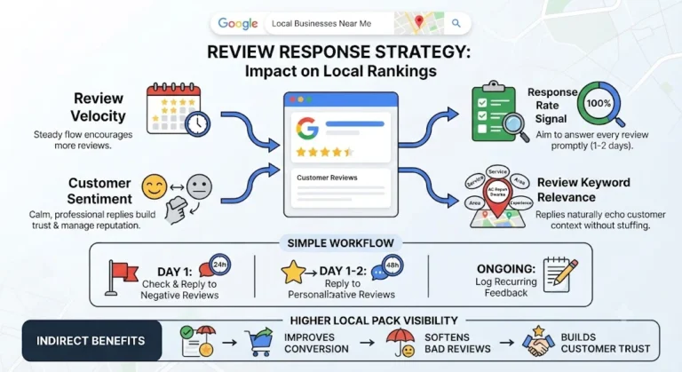 Infographic showing how review response strategy impacts local rankings, review velocity, customer sentiment, and response rate.