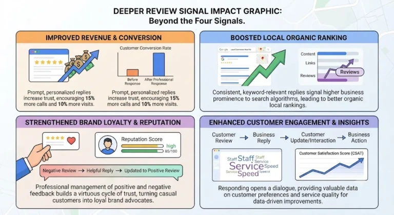 Infographic illustrating deeper benefits of review responses like improved conversion rates, boosted local organic ranking, and customer loyalty