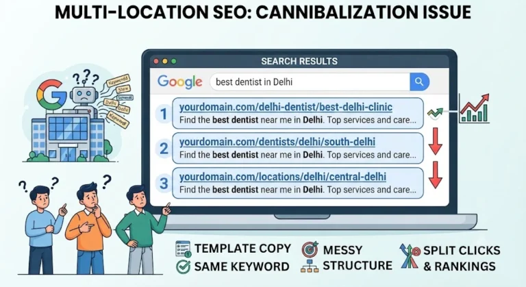SERP cannibalization analysis graph showing keyword ranking drop and traffic cannibalization between competing URLs