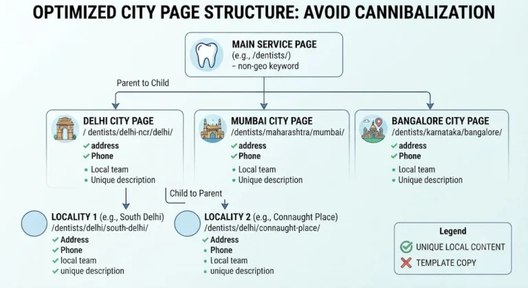 City page structure diagram showing a main service page branching into individual location city pages to avoid cannibalization