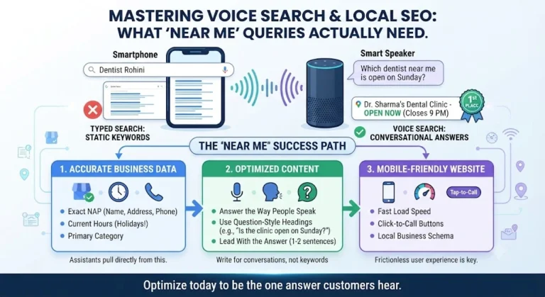 Infographic illustrating the differences between typed search and voice search for local SEO success